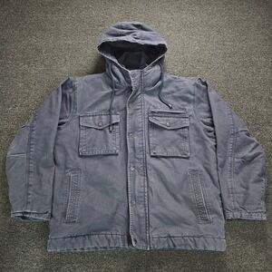 Ruff Hewn Workwear Jacket Mens Medium Sherpa Lined Hooded Duck Canvas Navy Blue